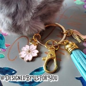 Grey Pom-pom gold Keychain with Charms